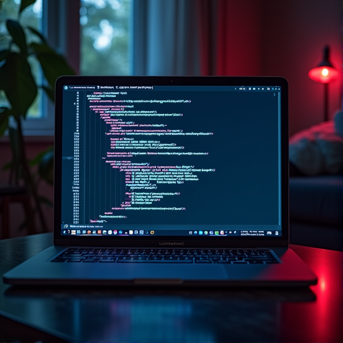 A laptop displaying code with a red glow in a dimly lit room.