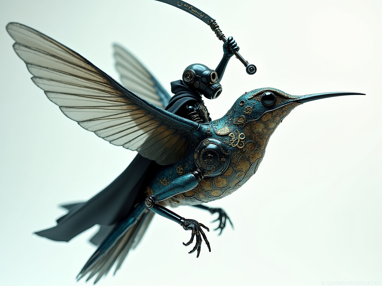 A futuristic steampunk-inspired image depicting a mechanical hummingbird being ridden by a small humanoid figure. The bird is intricately designed with gears and metallic textures, highlighted by its vibrant blue and gold color scheme. The rider is adorned in a dark, armor-like suit, wielding a sword, creating a sense of adventure and fantasy in a sci-fi setting.