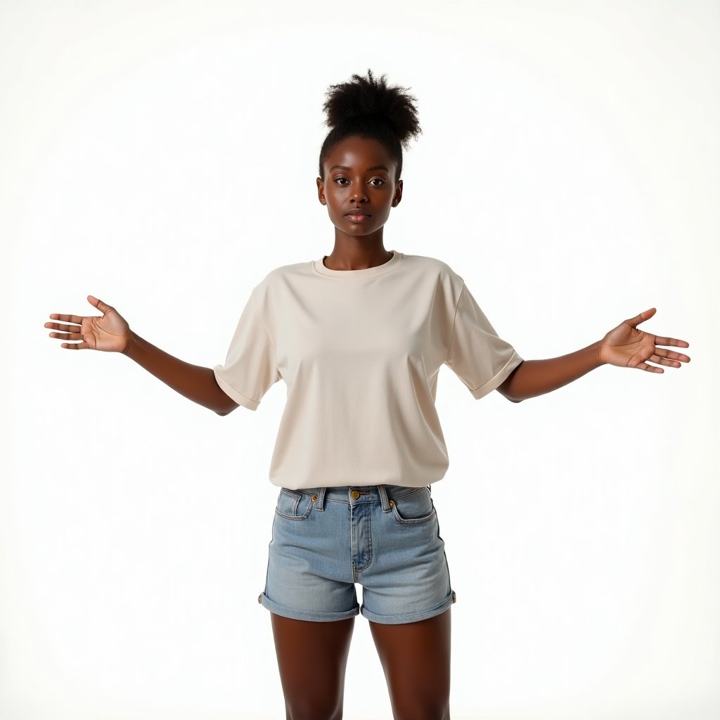 Image shows a black woman in a casual T-shirt and shorts standing in T-Pose. She faces the camera directly with arms stretched out. Bright and even lighting ensures the entire body is visible.