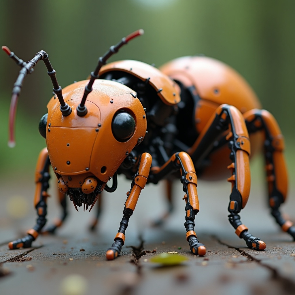 Highly detailed 3D rendering of a mechanical ant. Body structure comprises of metallic and robotic elements. Predominantly orange with black accents. Blurred background highlights the subject.