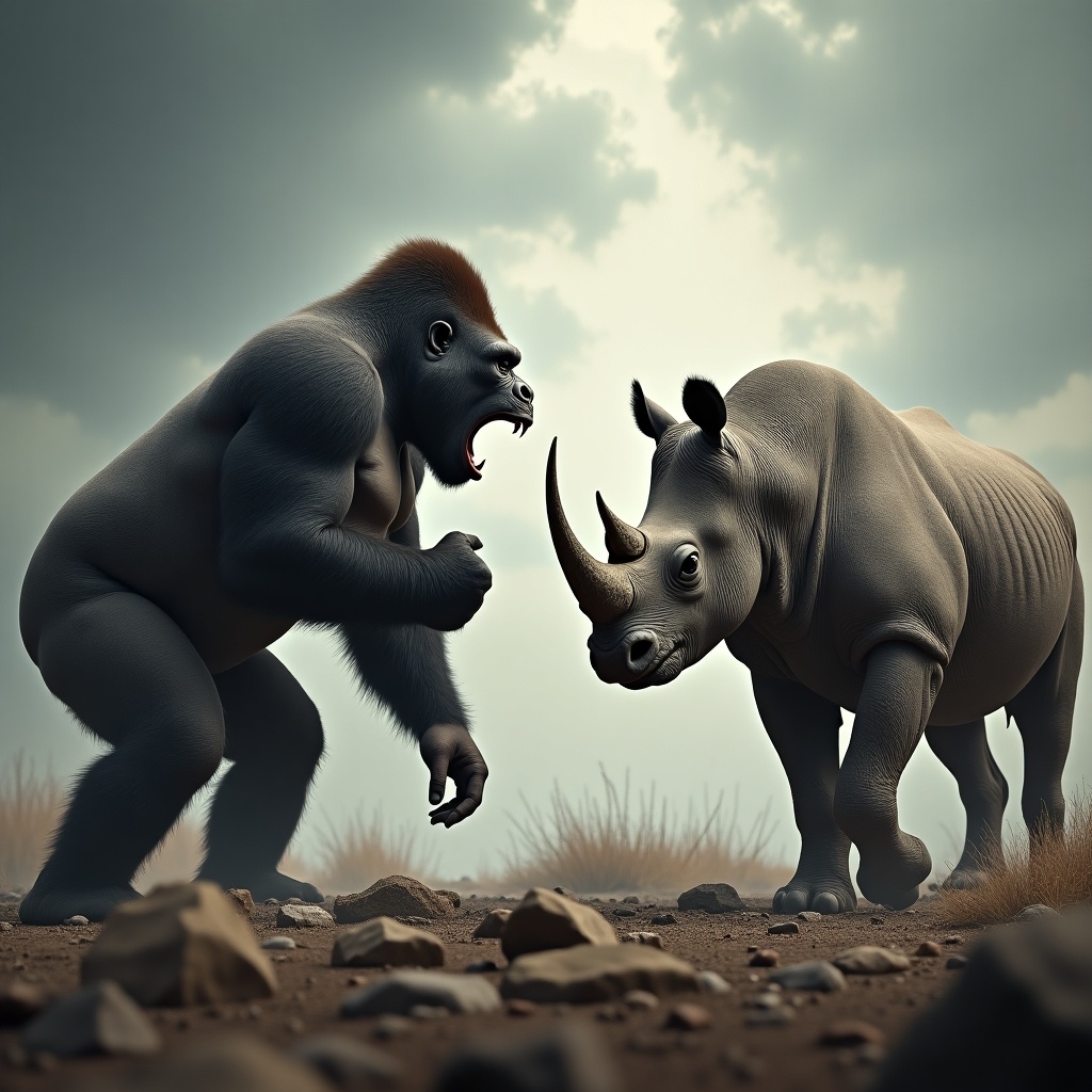 Create a dramatic scene featuring a gorilla and a rhino in an intense face-off. The gorilla is beating its chest and baring its teeth, showcasing its aggression. Meanwhile, the rhino is poised to charge, its horn pointed forward. The background includes a stormy sky that adds to the dramatic atmosphere, with a rugged terrain scattered with rocks and sparse vegetation. This composition emphasizes the raw power and intensity of their confrontation, highlighting the natural instincts of both animals.