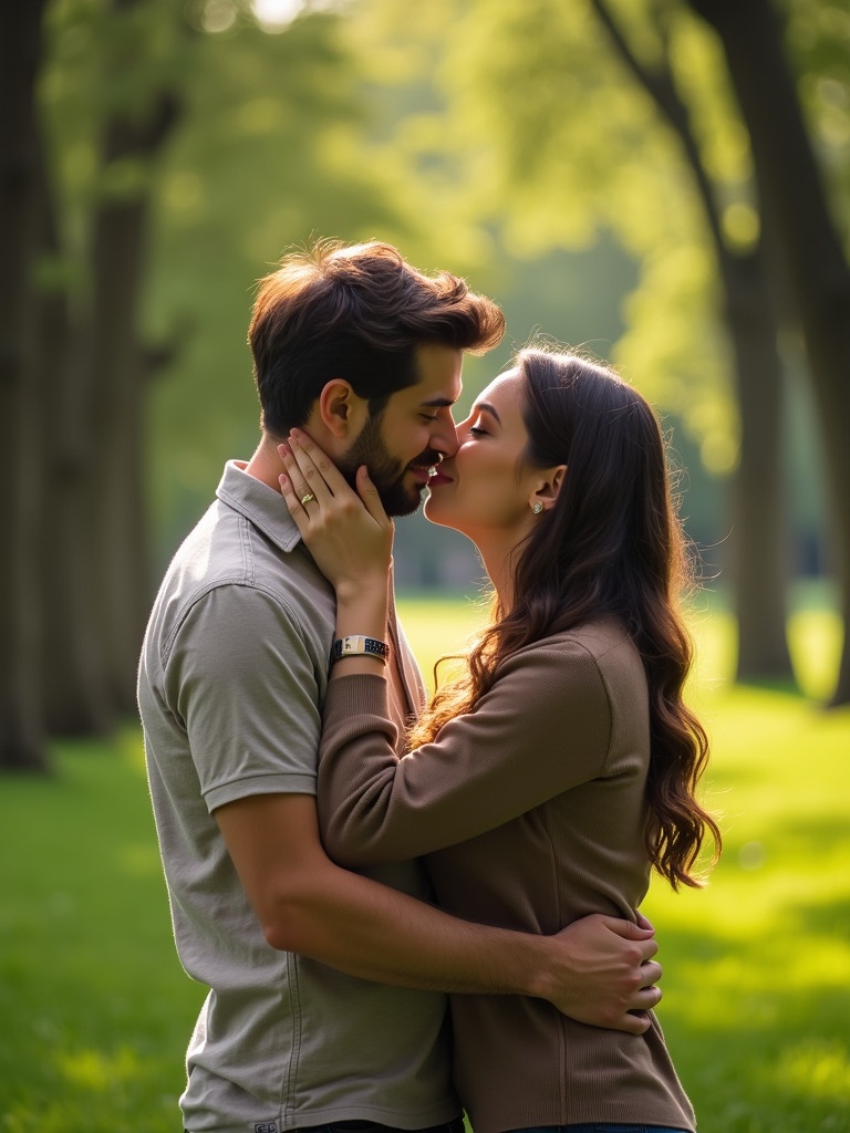 Couple engages in a tender kiss. Lush green park setting. Soft natural light illuminates their faces.