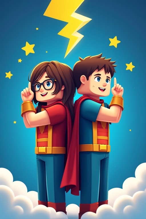 Two children dressed like superheroes stand back to back. Brightly colored cartoon style. One child wears glasses. They express a thinking pose with fingers at their temples. Background features a royal blue color with a large yellow lightning bolt and stars. Clouds encircle the lower body.