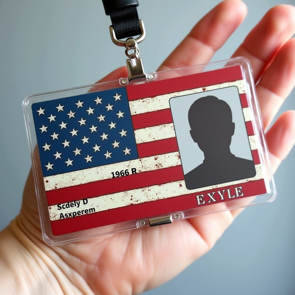 Create a novelty ID with American flag theme and fictional details. ID card features an image silhouette and the name 'EXYLE'.