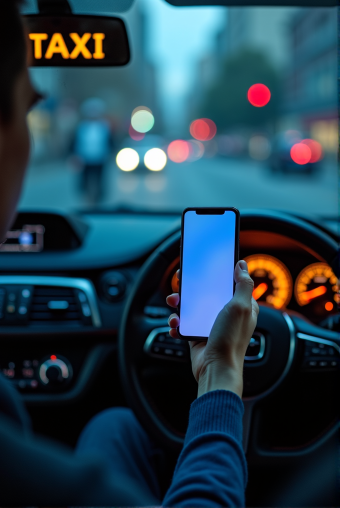 A taxi driver holds a smartphone while driving through a city with blurred lights.