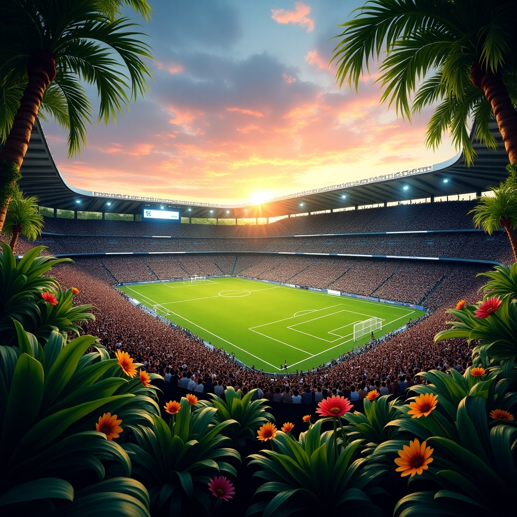 A vibrant stadium scene merges with a lush jungle environment. Packed stadium at sunset. Tropical foliage and colorful flowers blend into the stands. Greenery adds refreshing vibes. Sky transitions from orange and pink to deep blue. Lively atmosphere capturing game excitement and unique setting.