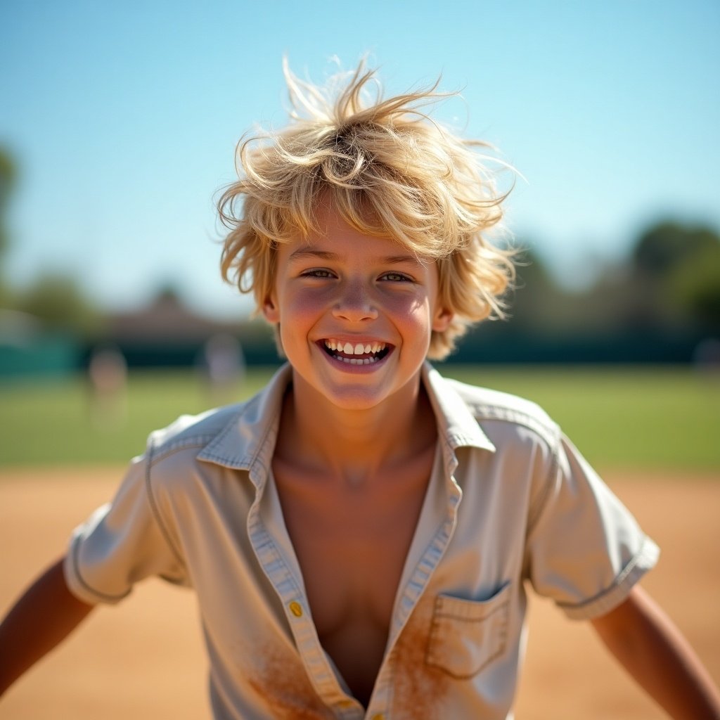 The image shows a cheerful blonde-haired boy, around 15 years old, playing baseball. He has tousled hair and a bright smile that reflects his joy. His shirt is slightly dirty, suggesting he's been having fun on the field. The background is a sunny baseball field with green grass and blurred players in the distance. The atmosphere is lively and captures the essence of youth sports enthusiasm.