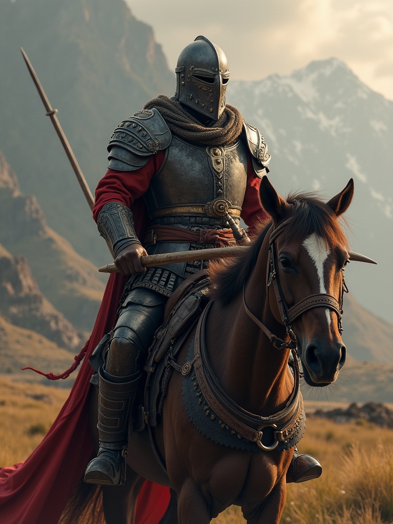 An armored knight rides a horse in a mountainous landscape. The knight wears a metallic helmet and red cape. Mountains rise in the background. The image captures a sense of strength and adventure.