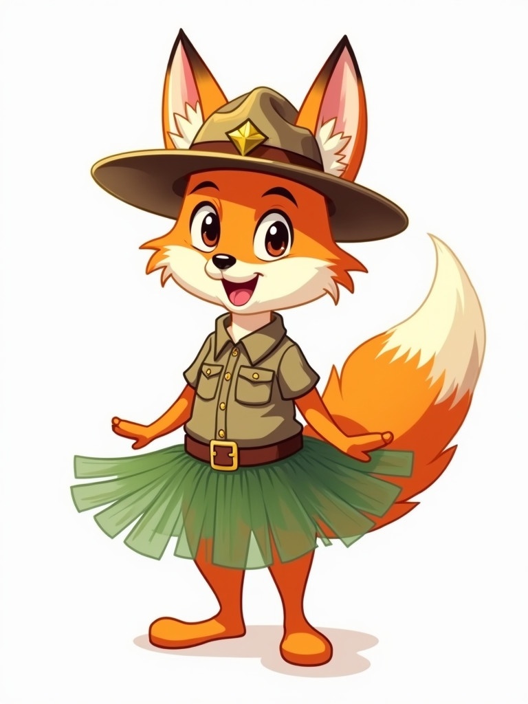 Character depicts a friendly fox resembling Tails. Wearing a park ranger's hat paired with a ballet tutu. Bright colors and no background.