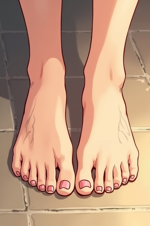 Anime illustration of two feet with visible soles. Skin appears sweaty and pink. View is directly above the feet on a tiled surface.