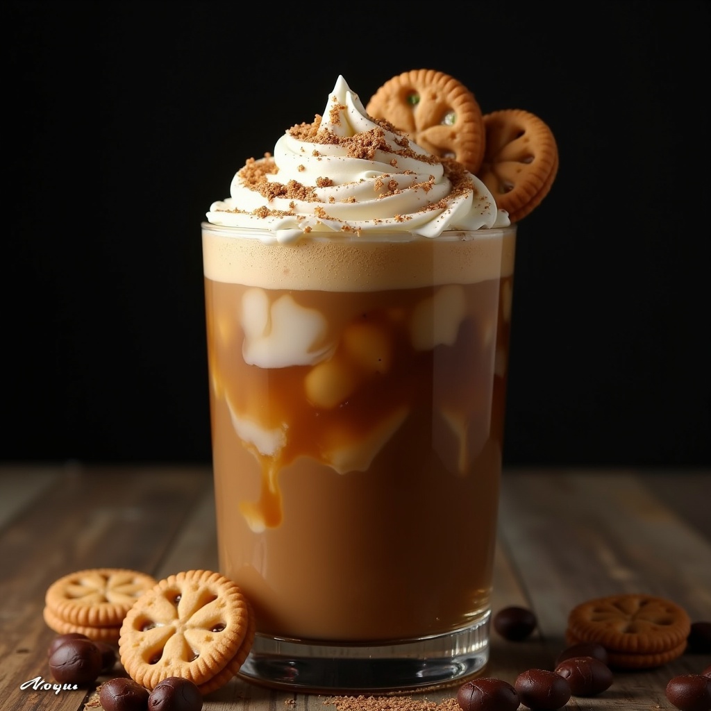 The image showcases a delicious iced coffee beverage elegantly topped with fresh cream and drizzled with caramel. Biscuits are artfully placed on the rim and around the glass, adding a delightful crunch to the creamy drink. The background is dark, enhancing the rich colors of the coffee and cream. Light reflects subtly off the glass, creating an appealing overall aesthetic. This decadent drink is perfect for coffee enthusiasts looking for a sweet treat.