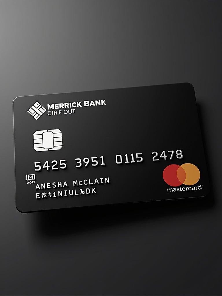 Black realistic Mastercard with silver letters. Merrick Bank logo displayed. Name Anesha McClain shown. Credit card number is 5425 3951 0115 2478. Credit card expiration date 06/27.