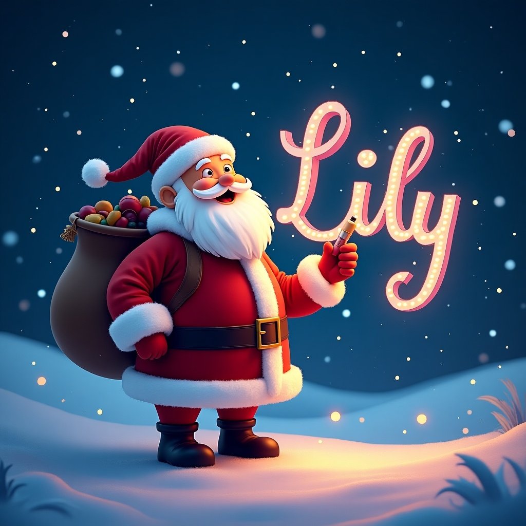 Beautiful Christmas theme. Santa Claus writes the name Lily in a colorful glow in the sky with a glow pen.