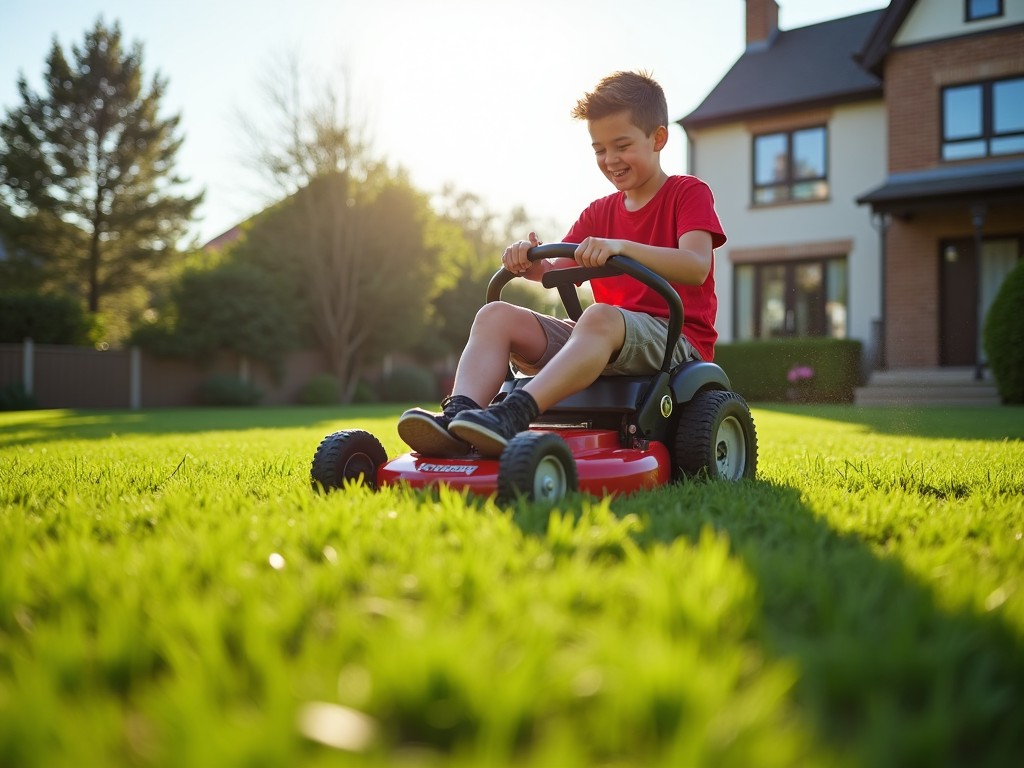 A young boy is happily mowing a lush green lawn with a bright red lawn mower. He is wearing a vibrant red shirt and shorts, enjoying a sunny day outside. The scene captures the essence of childhood and outdoor play. The house in the background adds a homely touch to the setting. The grass is well-kept and vibrant, showcasing the results of good lawn care.