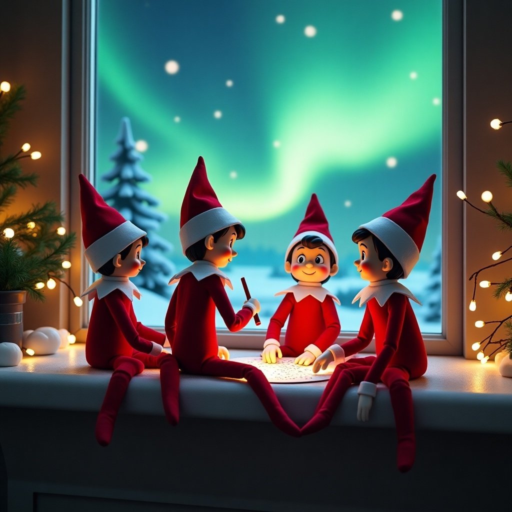 The image shows four Christmas elves, each in red outfits with pointed hats, gathered around a glowing map on a window ledge. They are gazing out a window displaying the enchanting Northern Lights. Their expressions are joyful and playful, engaging in a festive activity. Behind them, soft Christmas lights twinkle, creating a warm and magical atmosphere. The scene evokes a sense of wonder and holiday cheer, inviting viewers into a whimsical winter tale.