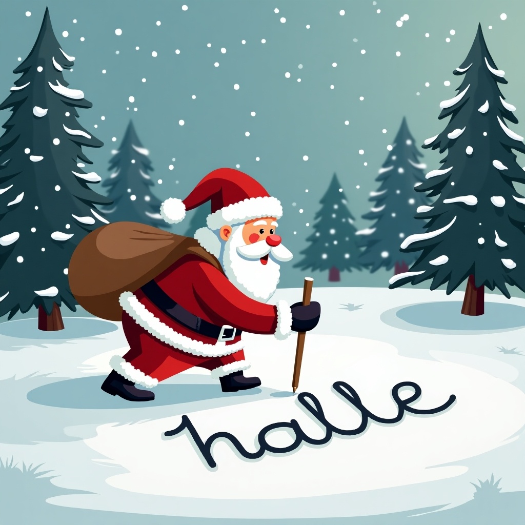 This illustration features Santa Claus joyfully writing the word 'Halle' in the snow. He is wearing his traditional red suit with white trim and carrying a large brown sack. The background consists of snowy pine trees, creating a wintry atmosphere. Soft snowflakes are falling, adding to the festive scene. This charming image captures the spirit of Christmas, evoking feelings of joy and celebration during the holiday season.