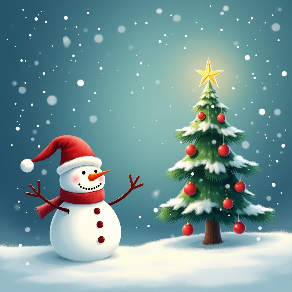 This image depicts a cheerful snowman wearing a red scarf and hat, standing in a snowy landscape. Behind the snowman, there is a beautifully decorated Christmas tree adorned with red ornaments and topped with a shining star. Snow is gently falling around them, adding to the festive atmosphere. The background features a gradient of blue tones, giving a serene winter vibe. This scene captures the joy of the holiday season, perfect for Christmas-themed illustrations.