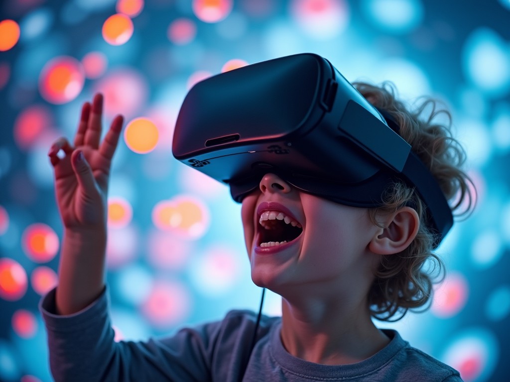 A child experiencing virtual reality, wearing a VR headset, with an expression of joy and awe, bright bokeh lights in the background