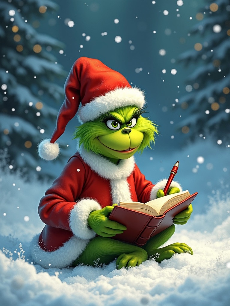 Grinch wears Santa outfit. He sits in snow and writes in a book. Snowflakes fall around him. Festive scene evokes holiday spirit. Green fur stands out against red outfit.