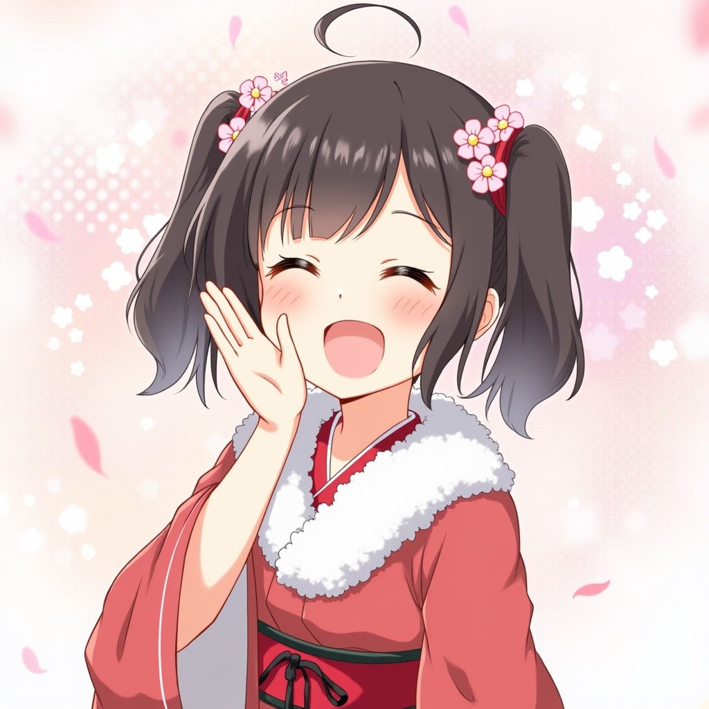 Anime-style illustration featuring a cheerful young girl with dark hair. She has cherry blossom accessories and wears a red and white traditional outfit. The background has soft pastel colors of pink and white that enhance the joyful vibe.