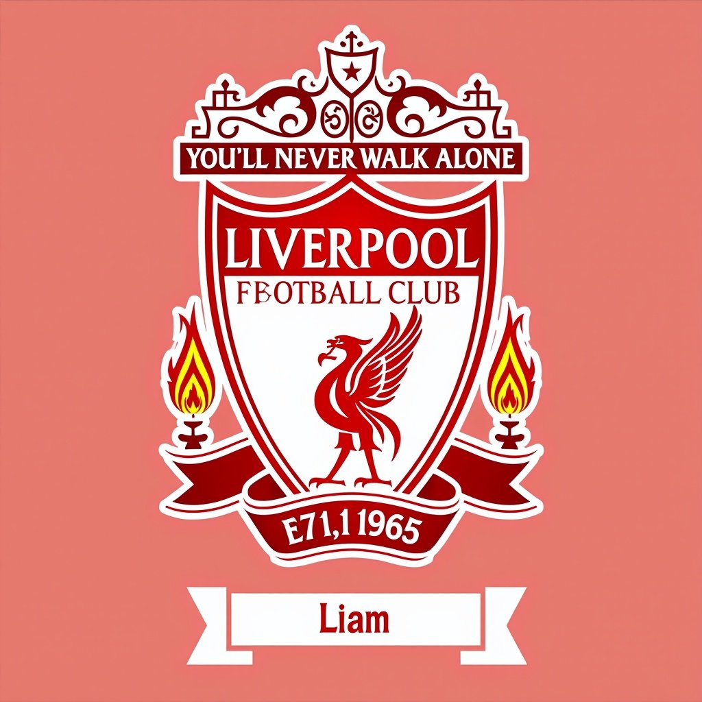 Liverpool Football Club badge with You'll Never Walk Alone lyrics and name Liam. Colors are red and white.