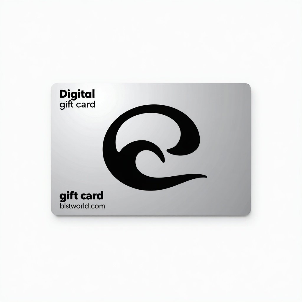 Image features digital gift card design with shiny silver background. Black swirl logo is central. Words 'Digital' and 'gift card' are at top left and bottom left corners. Website link 'blstworld.com' is in bottom right corner. Design is simple and modern.