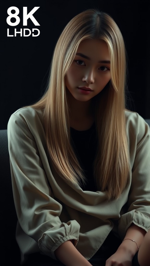 A woman with long, sleek hair sitting against a dark background, captured in high resolution.