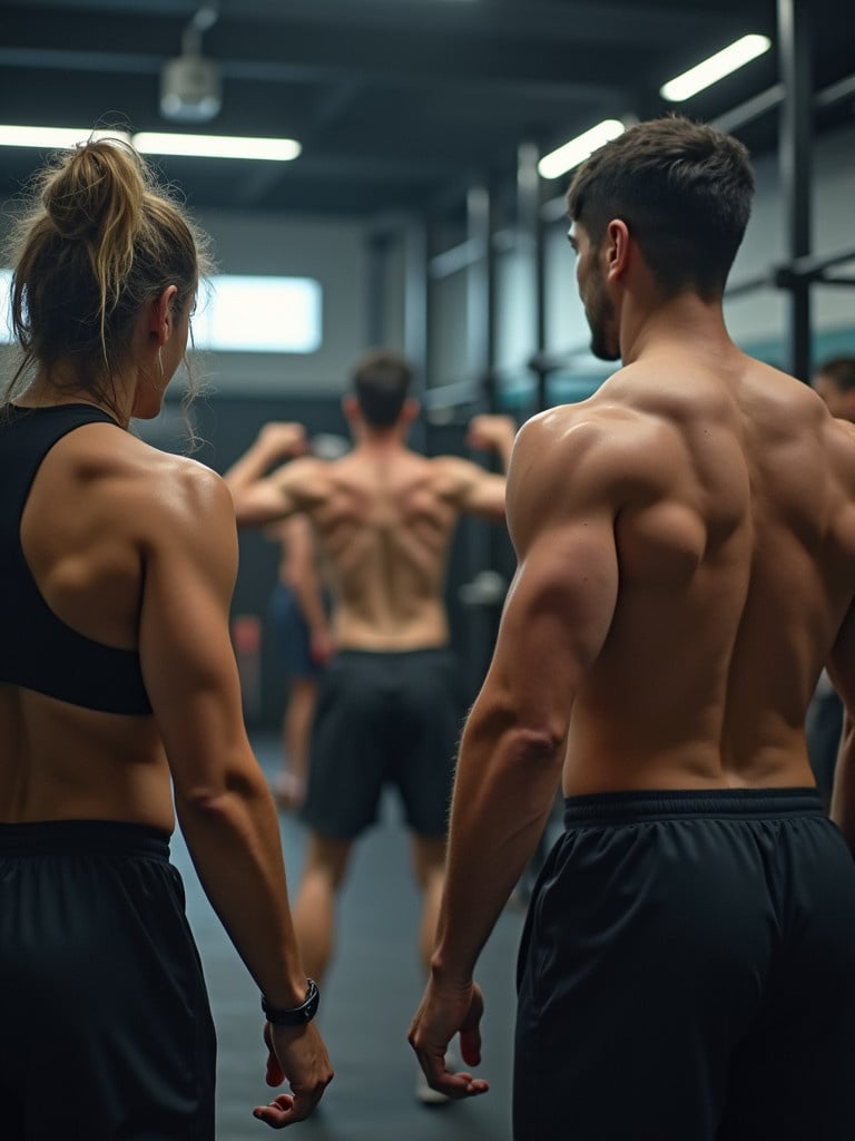 Image depicts individuals exercising in a gym. The atmosphere feels intense. Gym equipment is visible. People show strong muscular backs. The environment is conducive to fitness.