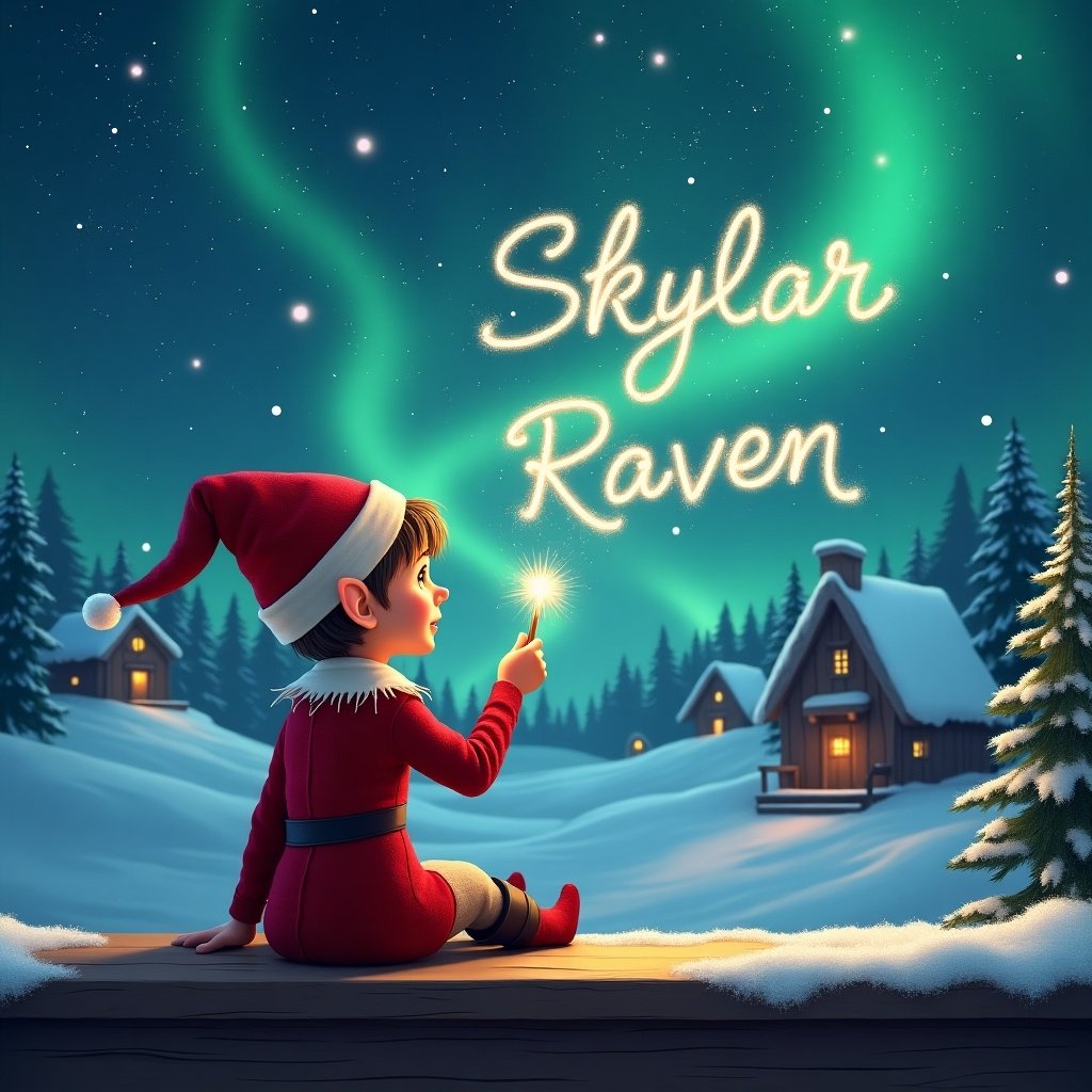 An elf sits on a wooden ledge with its back to the camera, gazing at a magical sky. The elf is dressed in a red outfit with a pointed hat and holds a sparkling wand. With the wand, it elegantly writes the names 'Skylar' and 'Raven' in the starry sky. The background features a snowy landscape with charming little houses and evergreen trees under the shimmering Northern Lights. This whimsical scene captures the essence of childhood magic and Christmas cheer.