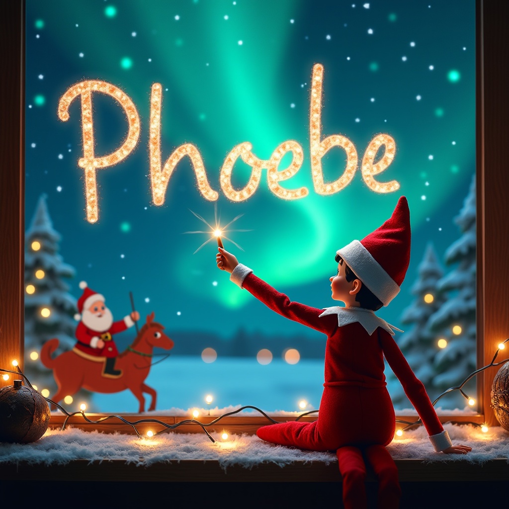 An enchanting scene featuring an elf on the shelf, who has his back turned to the viewer, facing the sky. The elf is joyfully using a magical wand to write the names 'Phoebe' in the shimmering sky. In the backdrop, the magical Northern Lights illuminate the night, creating a dazzling atmosphere. Santa Claus is visible in the scene, adding to the festive spirit. String lights twinkle around the elf, enhancing the Christmas charm. This image captures the joy and wonder of the holiday season, appealing to children and families alike.