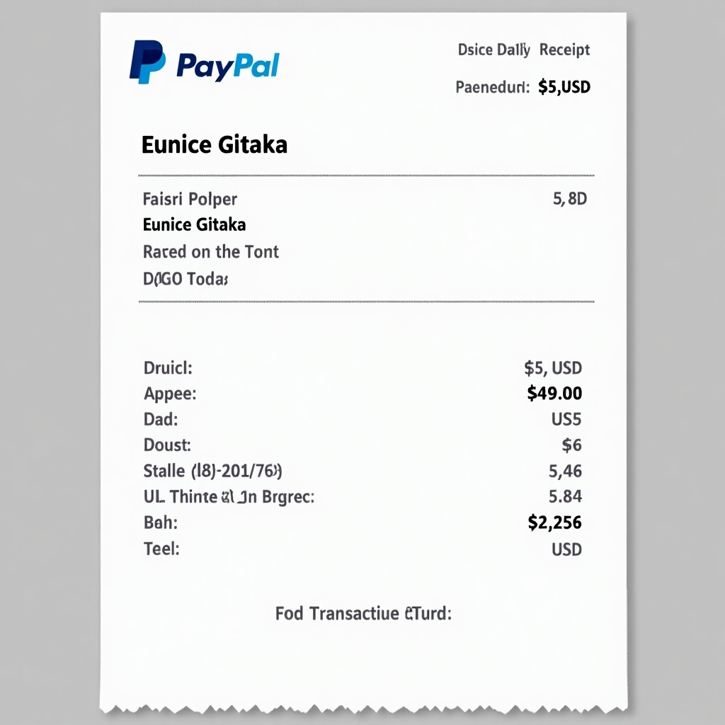 PayPal receipt generated for Eunice Gitaka showing payment of $5 USD. Contains transaction details and branding.