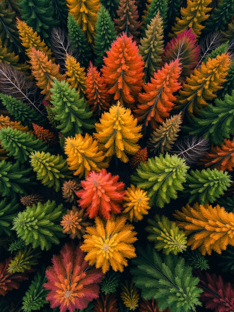 An aerial view of a dense, colorful forest with trees displaying a spectrum of autumn colors ranging from vivid reds and oranges to yellows and greens.