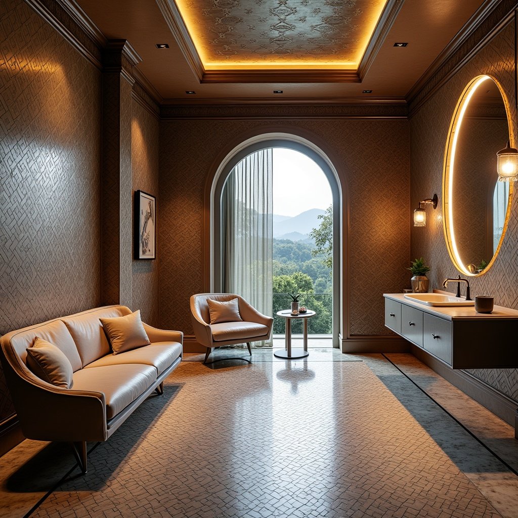 Interior design featuring a luxurious Sicis Mosaic bathroom. Soft beige and warm brown tones create a serene atmosphere. A large window offers a view of the mountains. The room includes an elegant sofa, a modern armchair, and a stylish sink area with an arc-shaped mirror.