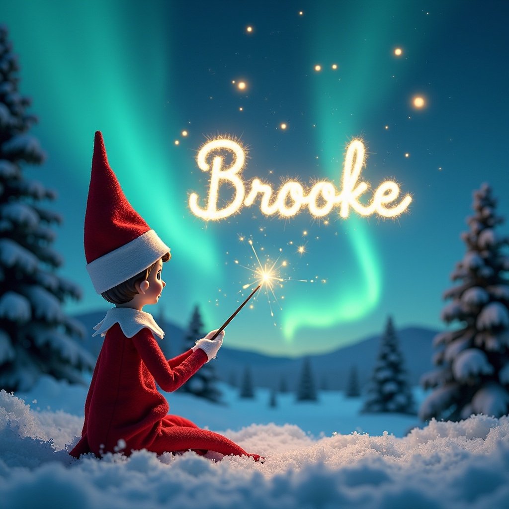 The image features an elf on the shelf, sitting with its back to the viewer, facing a beautiful sky filled with northern lights. The elf is using a magical wand to write names in the sky. The scene is set in a winter wonderland with snow covering the ground and evergreen trees in the background. Above the elf, the name 'Brooke' is elegantly written in sparkling light. The overall atmosphere is whimsical and festive, embodying the magic of Christmas.