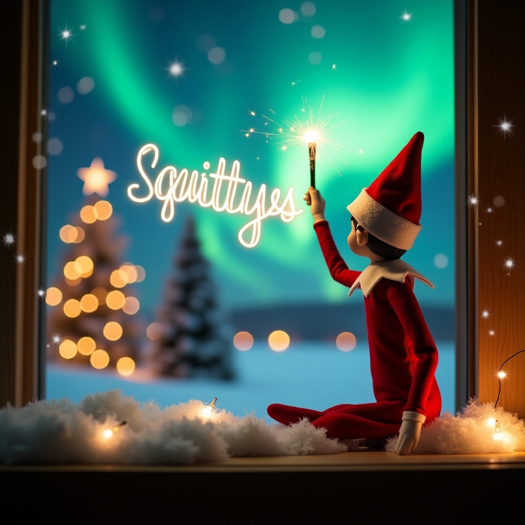 This image showcases an enchanting Christmas scene featuring an Elf on the Shelf. The elf, dressed in traditional red and white attire, is positioned with its back to the viewer. With a wand in hand, the elf magically crafts glowing text in the air that reads 'Lincoln & Logan.' In the background, colorful northern lights dance across the sky, adding a vibrant touch. The foreground is adorned with soft white snow and scattered lights, creating a warm and festive atmosphere. Overall, this whimsical setting perfectly captures the joy and magic of the holiday season, inviting viewers to embrace the Christmas spirit.