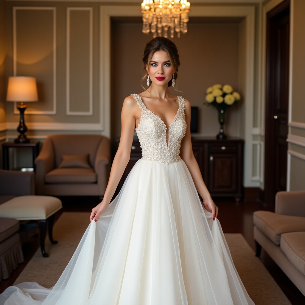 Woman in luxurious room wearing beautiful white gown. Gown features intricate beadwork and flowing skirt. Expression is confident with red lipstick and elegant hair. Soft lighting highlights gown details and setting ambiance.