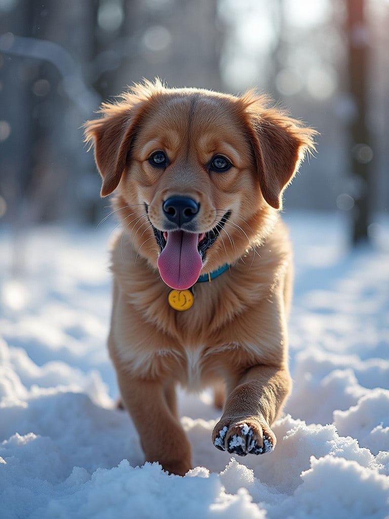 A golden retriever puppy plays in the snow. The dog runs happily through the soft white snow. The scene is illuminated by gentle morning light. The puppy's joy is evident as it enjoys the winter landscape.