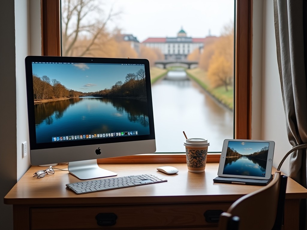 The image showcases a modern workspace with an iMac and an iPad placed on a wooden desk. Behind the desk, there's a serene view of a river and trees through a large window. The scenery features a peaceful reflection on the water, indicating a calm atmosphere. Natural light floods the space, highlighting the sleek design of the tech products. A coffee cup sits on the desk, adding a cozy touch to the setting. This is an ideal setup for productive work while enjoying nature's beauty outside.