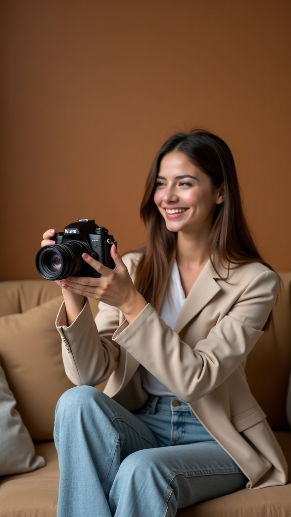 A woman sits on a beige couch, smiling while holding a camera against a warm brown background.