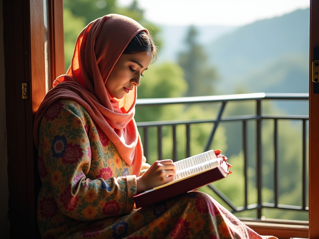 A girl is sitting comfortably by a window, absorbed in a book. She is wearing a colorful traditional outfit and a soft scarf. The sunlight filters through the window, illuminating her serene expression. Outside the window, a picturesque landscape of rolling hills is visible. The scene evokes a sense of tranquility and a love for literature.