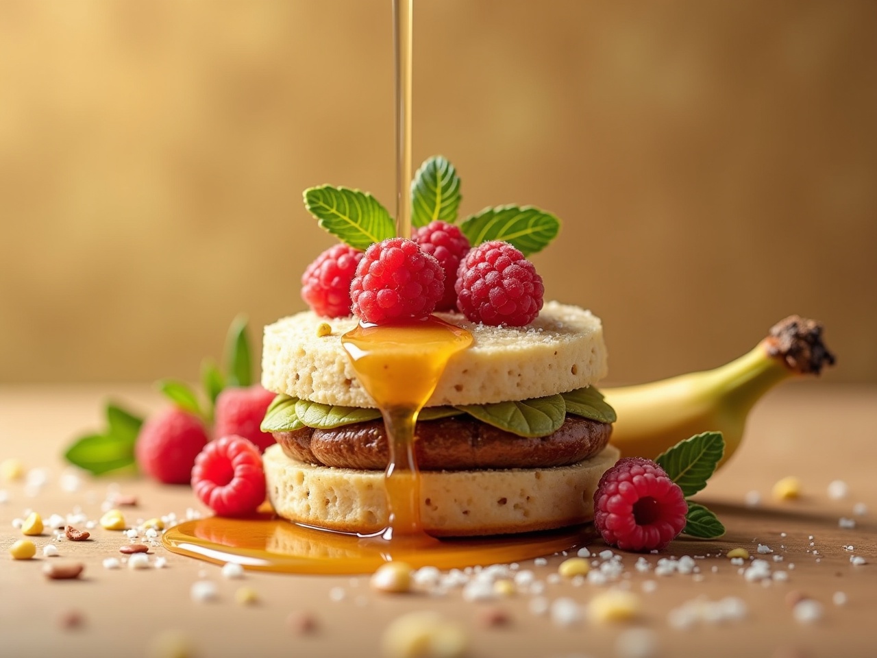 This image showcases a delicious stack of pancakes layered with pistachio and banana. Topped with fresh raspberries, the pancakes are drizzled with golden honey, creating a mouthwatering presentation. Surrounding the stack are scattered raspberries and mint leaves, adding a pop of color. The warm, inviting background enhances the overall aesthetic, making the dish look irresistible. Ideal for culinary enthusiasts and food bloggers, this ultra-realistic picture captures the essence of gourmet breakfast.