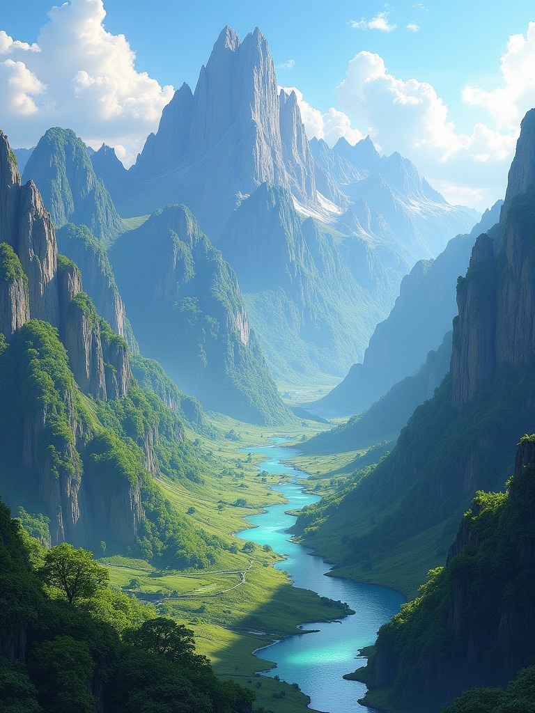 Breathtaking heightmap featuring a majestic mountain range with towering peaks over lush green valleys. A pristine river winds through the landscape. Soft natural light enhances vibrant greens and blues. Evokes a sense of adventure and tranquility.