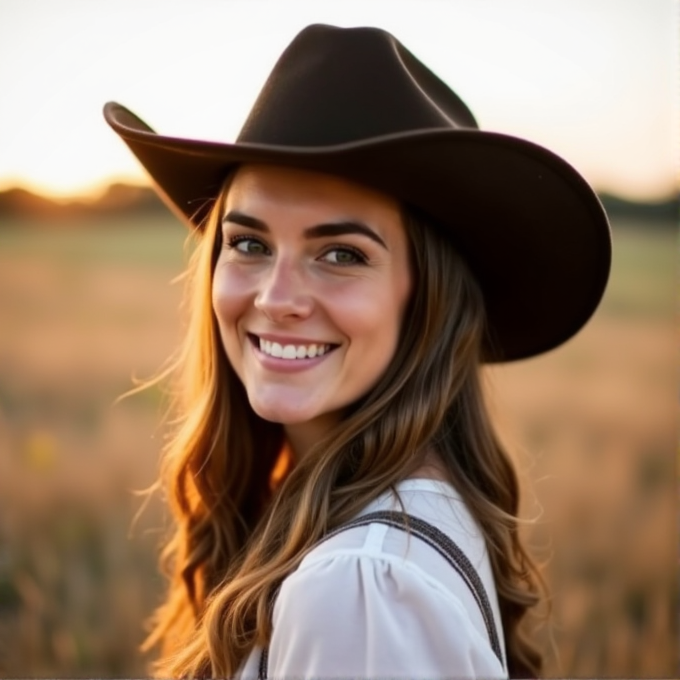 A woman with long hair smiles warmly while wearing a cowboy hat, set against a soft-focus field at sunset.