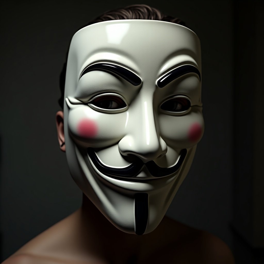 Realistic portrayal of a person wearing an anonymous mask. The mask features a prominent facial expression with black detailing. The background is dimly lit to enhance the mysterious vibe. A mix of skin tones subtly visible underneath the mask.