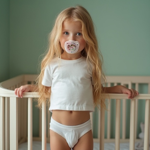 A young girl stands in a crib wearing a white crop top shirt and underwear. She has long blond hair and green eyes. She has a pacifier in her mouth and the environment is softly lit.