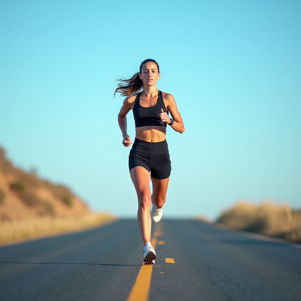 A woman confidently running along a deserted road under a bright blue sky.