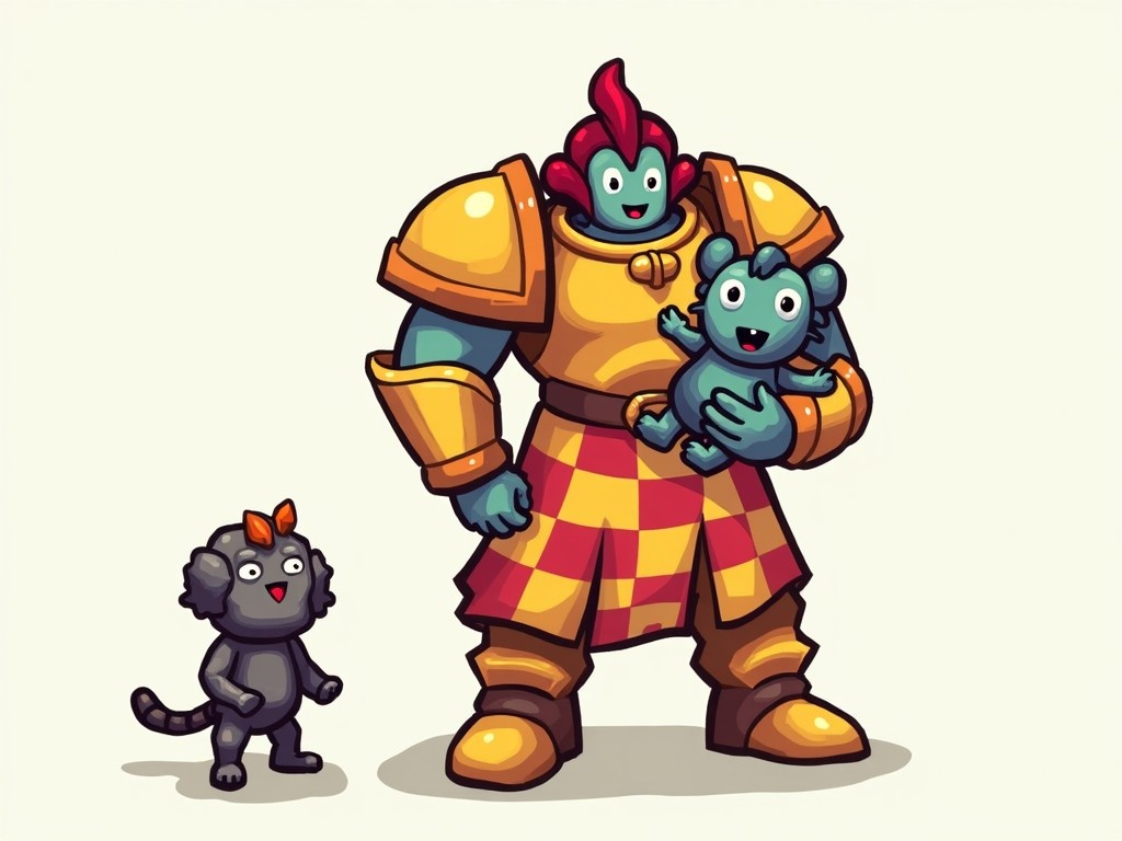 This image features three characters presented in a pixel art style. The central character is a humanoid in shiny golden armor with a colorful, checkered outfit. They are joyfully holding a small quirky creature that matches their outfit's pattern. Beside them stands a smaller character, adding to the group dynamic. The background is minimalistic, making the characters the focus of attention. This artwork radiates a playful and imaginative vibe, reminiscent of indie games.