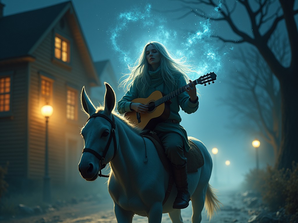 A young woman with long hair is riding a white horse down a misty street at night. She is playing a guitar, and a magical aura surrounds her, creating a whimsical atmosphere. The background features cozy houses with glowing windows. The scene captures a sense of mystery and enchantment. Soft light emanates from the street lamps, enhancing the dreamlike quality of the image.