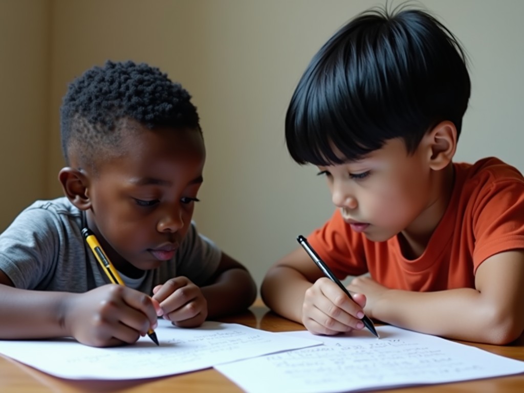 Two children deeply engrossed in writing at a table, showcasing concentration and collaboration. The scene captures a moment of educational engagement as the children carefully pen down their thoughts. The soft lighting adds a warm and serene atmosphere to the learning environment.