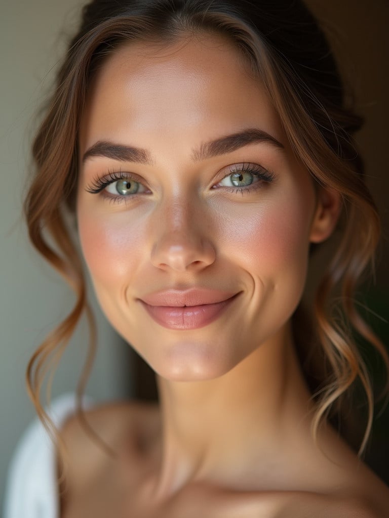 Close-up portrait of a young woman with natural makeup and glowing face. The photograph captures her beauty and subtle features. Warm lighting enhances the intimate feel of the image.